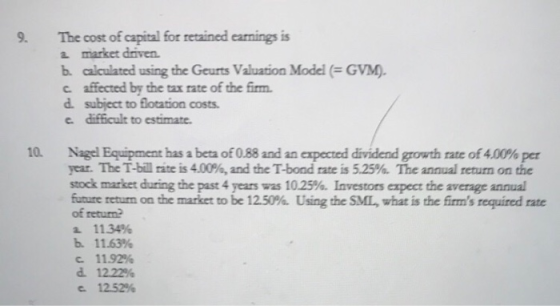 The cost of capital for retained earnings is a market driven b. calculated using the Geurts Valuation Model ( GVM). c affecte