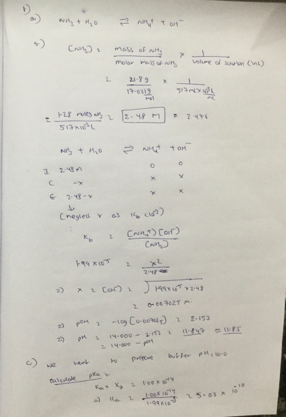 NH₃ + H₂O È Nutton CNH] mass of NH3 molar mass of wh volume of solution (in) 2 21-89 x 1 1700319 517 mexigl mol z 1-28 males