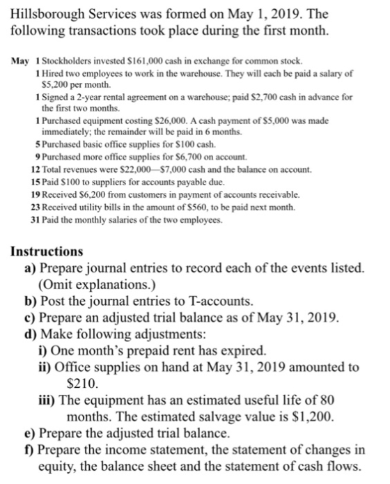 Hillsborough Services was formed on May 1, 2019. The following transactions took place during the first month. May 1 Stockhol