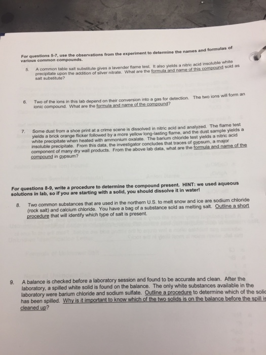 For questions 5-7, use the observations from the experiment to determine the names and formulas of various common compounds.