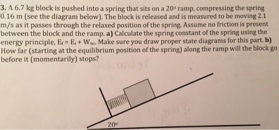 A 6.7 kg block is pushed into a spring that sits o
