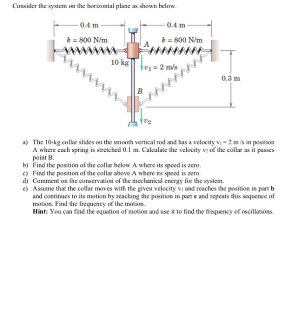 Consider the system on the horizontal plane as shown below. -0.4 m 0.4 m k = 800 N/m k = 800 N/m WWWWWW W 10 kg & Il yu1 = 2