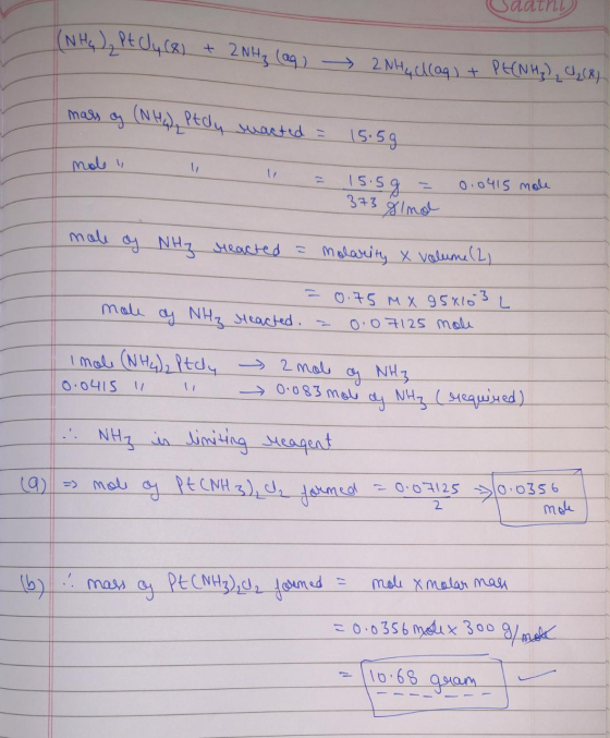 Caathi) (NH₂) ₂ Pt Oy (8) + 2NH₂ (aq) 2NH₂ lag) + PENH₃)₂ (8) mass of (NH₂), Ptoy macted = 15.59. mole = 15.5g = 373 g