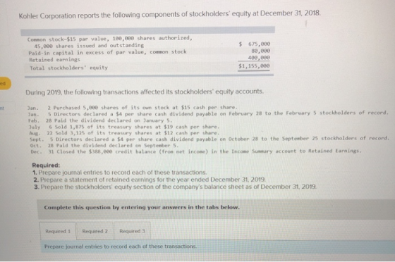 Kohler Corporation reports the following components of stockholders equity at December 31, 2018. Common stock-$15 par value,