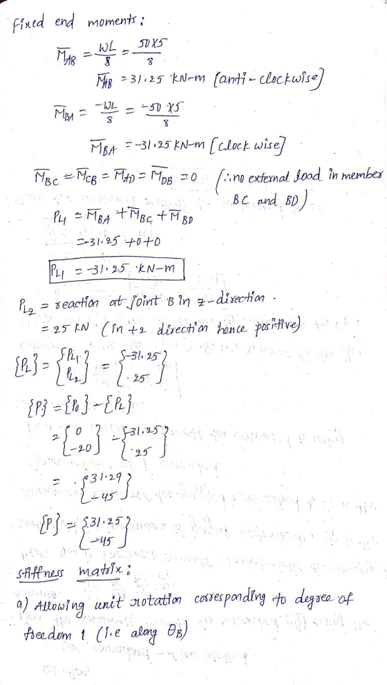 fined end moments: MAB = Wt 0x MB 231.25 kNam (anti-clockwise) MBA. W L = -50 X5 MBA = -31125 kN-m [clock wise] MBC – Mcp = M