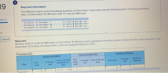 Required information Trey Monson starts a merchandising business on December 1 and enters into the following three inventory