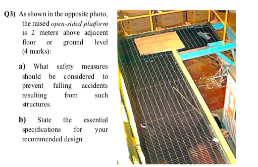 Q3) As shown in the opposite photo, the raised open-sided platform is 2 meters above adjacent floor or ground level (4 marks)