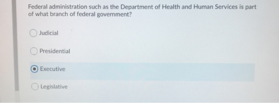 Federal administration such as the Department of Health and Human Services is part of what branch of federal government? Judi