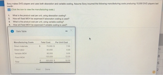 Sony makes DVD players and uses both absorption and variable costing. Assume Sony incurred the following manufacturing costs producing 10,000 DVD players last month: EB (Click the icon to view the manufacturing costs.) 1. What is the product cost per unit, using absorption costing? 2. How wil fixed MOH be expensed if absorption costing is used? 3. What is the product cost per unit, using variable costing? 4. How will fixed MOH be expensed if variable costing is used? i Data Table Manufacturing CostsTotal Cost Direct materials Direct labor Variable MOH Flxed MOH Per Unit Cost S 70,000 40,000 90,000 120,000 S 320,000 7.00 4.00 9.00 12.00 32.00 8 Total 5 Print Done