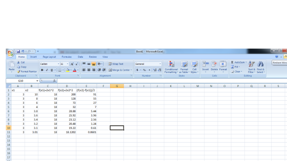 Bookl Microsoft Excel HomeInsertPage LayoutFormulas Data Review View s Cut a Copy Wrap Text Σ AutoSum Restore Win Paste Format Painter B I в 1 u. ㅡ Or 涅涅 Merge & Center- s-% , 108f Conditional Format Cell Insert Delete Format Sort &Find & Formatting as Table Styles ClearFilter Select Clipboard Alignment Styles Cells G10 f(x1)-2x142 f(x2)-2x22 (f(x2)-f(x1))/2 91 3.8 3.6 3.4 3.2 3.1 3.01 32 28.88 25.92 23.12 20.48 19.22 5.44 3.96 2.56 1.24 0.61 0.0601 12 13 15 17