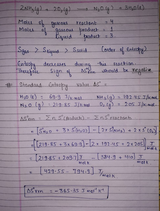 2NH3 44) + 20,49) N2069) + 34,011) Molu of paseous reactant = 4 1 Moles of gaseous product = 1 liquid product = 3. Sgas > Sti
