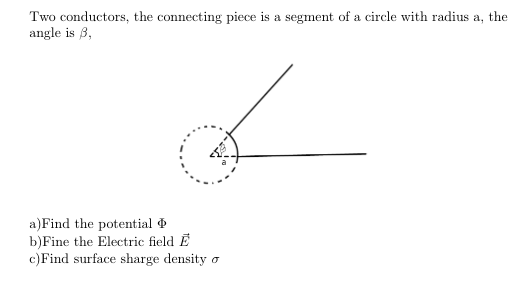 Two conductors, the connecting piece is a segment of a circle with radius a, the angle is B, a)Find the potential b)Fine the