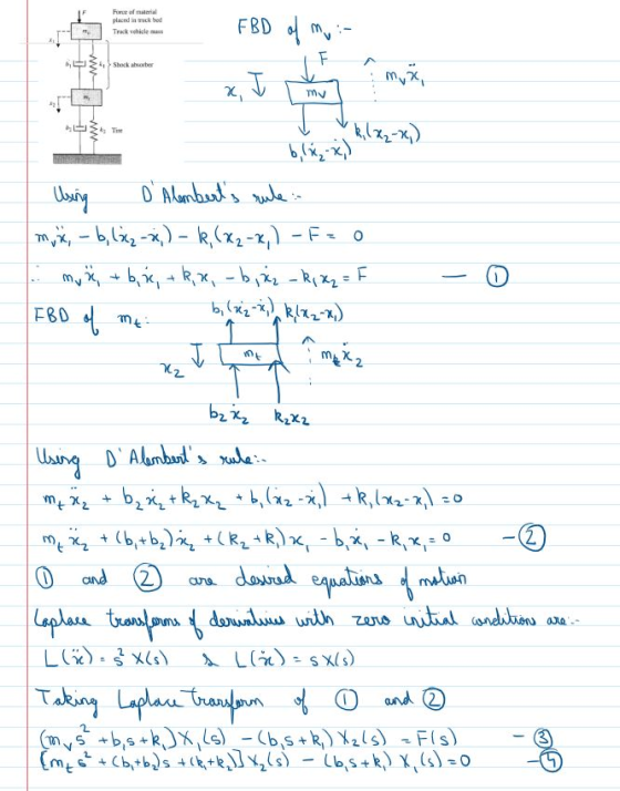 Ferial placed bod Truck vehicles TH my mu X-X) blix) Using DAlemberts rule. myši, - b, 6x2 -,) – k, (x2-x,) - F= 0 mä + bx