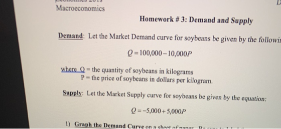 CULULLLLS 2013 Macroeconomics Homework #3: Demand and Supply Demand: Let the Market Demand curve for soybeans be given by the