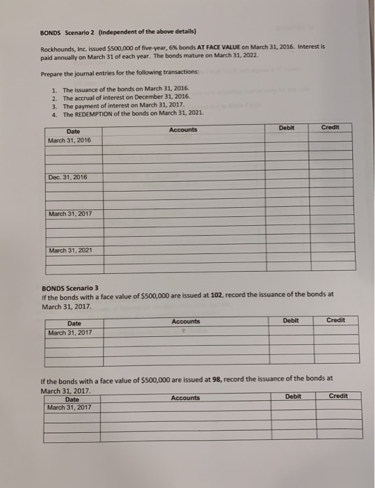 BONDS Scenario 2 (Independent of the above details) Rockhounds, Inc. issued $500,000 of five-year, 6% bonds AT FACE VALUE on