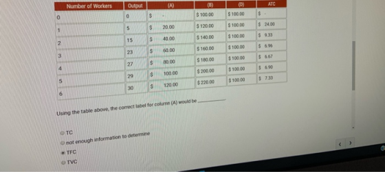 Number of Workers Output (A) (B) (D) ATC 0 0 $100.00 $100.00 S - 20.00 $100.00 $120.00 $ 24.00 $ 9.33 2 15 40.00 $140.00 $100