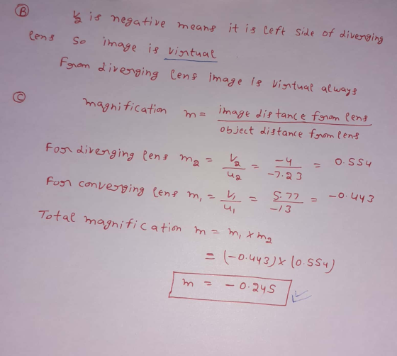 B) y is negative means it is left side of diverging lens So image is virtual Ffrom diverging cens image is virtual always mag
