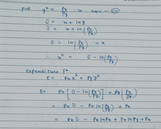 put My yh= px in equ - 1 ū = ut ing u = ntin Pe ū = inn en ny = x Expenditure fue - E prekh + Pyyhe E Pr [ 5 - In (px)] + 6s