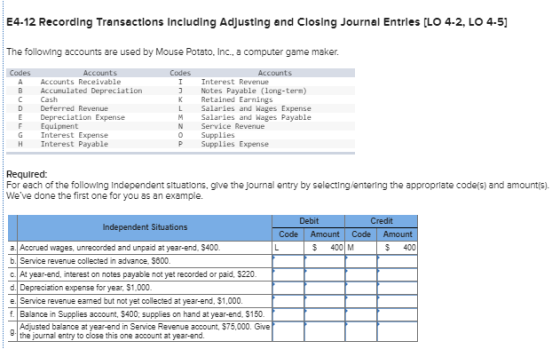 E4-12 Recording Transactions Including Adjusting and Closing Journal Entries [LO 4-2, LO 4-5] The following accounts are used