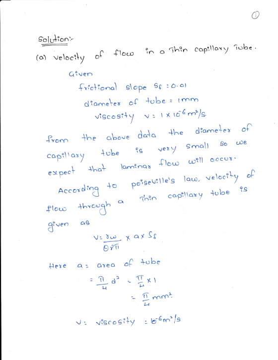 Solution (a) velocity o 丫.ctional Slope Sf :0. 이 diametes o tobe mm S. ron the abeve data the dtamee of al a cyobesvesy Smal 5 expect that laminas flow utl。ccus. arnina еу рес Fleus threugh Thin capllary tobes venas Hee a area af tube 프mm ㄩ