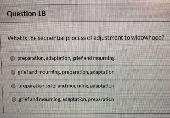 Question 18 What is the sequential process of adjustment to widowhood? preparation, adaptation, grief and mourning O grief an