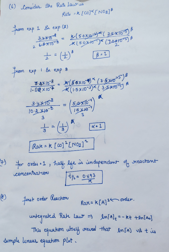 I (6) Consider the Rate Law is Rate :k [co]*[Nog] 3.4*100% from exp 1 & exp (2) = k (5.0810-4 2 68x10-8 *15-0X105)& (20x10-5)