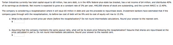 Tartan Industries currently has total capital equal to $9 million, has zero debt, is in the 40% federal-plus-state tax bracke