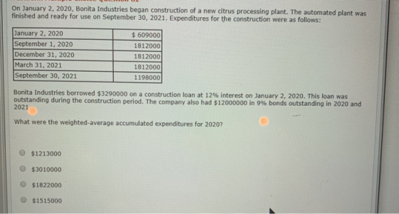 On January 2, 2020, Bonita Industries began construction of a new citrus processing plant. The automated plant was finished a