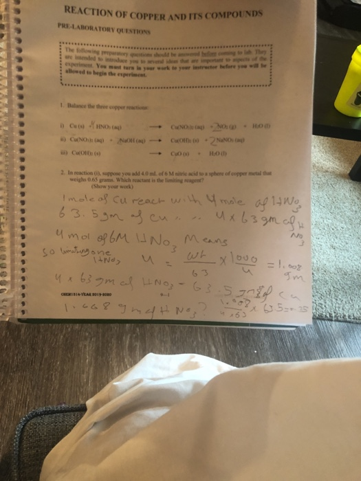 REACTION OF COPPER AND ITS COMPOUNDS PRELABORATORY QUESTIONS The following meparatory queitions should be anweed befo oming t