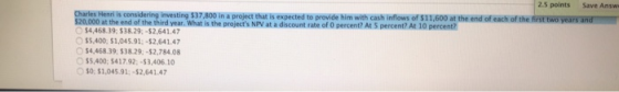 2.5 points Save Answ Charles Henri is $20,000 at the end of the t investing $37,800 in a project that is expected to provide him with cash inflows of $11,600 at the end of each of the hird year. What is the projects NPV at a discount rate of O percent? At S percent? At 10 percent? $4,468.39 $38.29:-$2.641.47 $5,400, $1,045.91:-$2,641.47 $4,468.39: $38.29:-$2,784.08 $5,400; $417.92:-$3,406.10 S0, $1,045.91;-$2,641.47