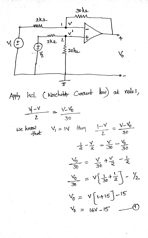 30kr um 2k2 wa 2ke 21 - {20ks Apply kcl (kioschott Current law) at nodel, Y-V = V. Vo 2 30 we know at V = IN then IV = V po t