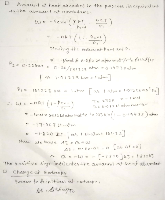 Amaunt of heat absorbed in the to the almalust at workdane, process is uivalent WE - Pext Chat - ART) Pert E-MRT (1- Dext) Pl