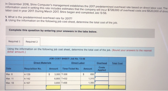 In December 2016, Shire Computers management establishes the 2017 predetermined overhead rate based on direct labor cost. Th