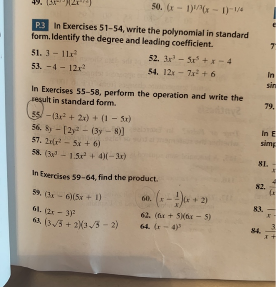 49. (3x+ (2x2) 50. (x - 1)1/3(x - 1)-1/4 P.3 In Exercises 51-54, write the polynomial in standard form. Identify the degree a