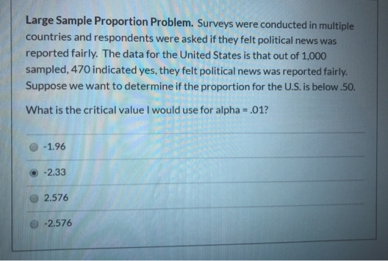 Large Sample Proportion Problem. Surveys were conducted in multiple countries and respondents were asked if they felt politic