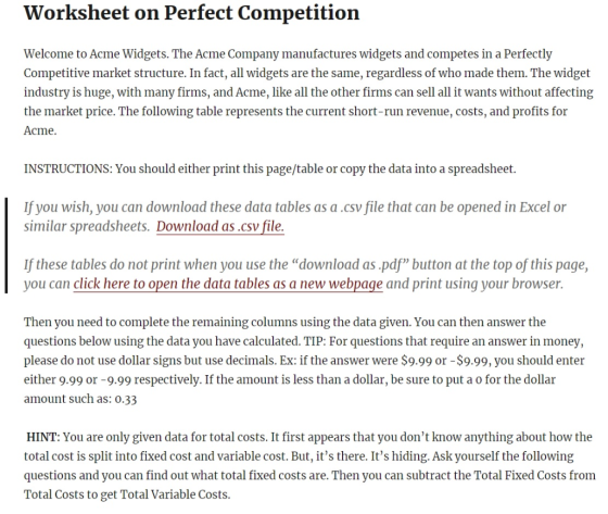 Worksheet on Perfect Competition Welcome to Acme Widgets. The Acme Company manufactures widgets and competes in a Perfectly C