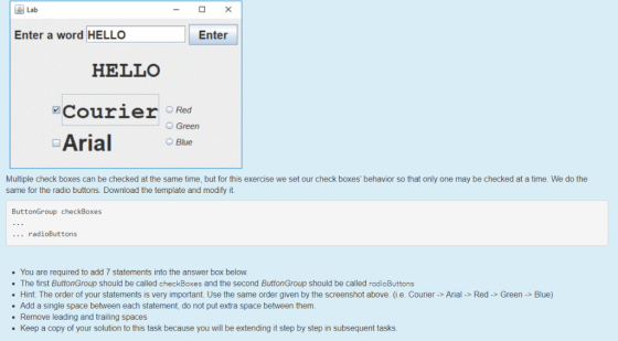 Lab - 0 X Enter a word HELLO Enter HELLO Courier O Red Arial Green Blue Multiple check boxes can be checked at the same time,