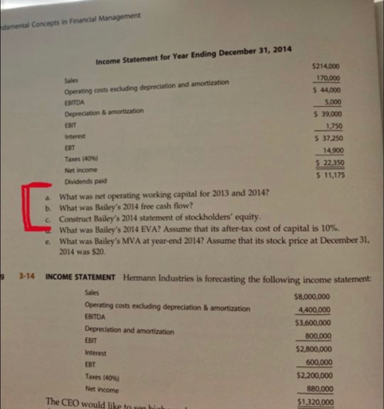 damental Concepts in Financial Management Income Statement for Year Ending December 31, 2014 $214,000 Sales 170,000 Operating