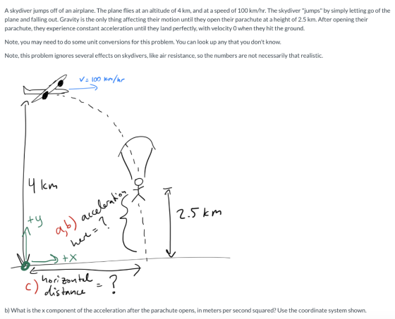 A skydiver jumps off of an airplane. The plane flies at an altitude of 4 km, and at a speed of 100 km/hr. The skydiver jumps