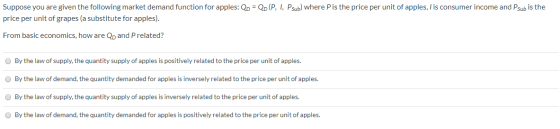 Suppose you are given the following market demand function for apples: Qp = Qp (P, I, Psub) where Pis the price per unit of a