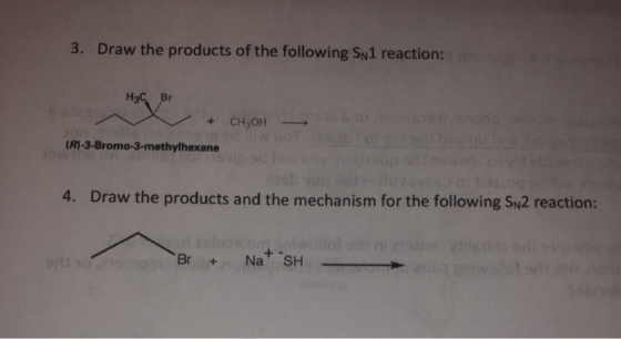 3. Draw the products of the following Sn1 reaction: H₃C Br + CH3OH-02 tot (R)-3-Bromo-3-methylhexane 4. Draw the products and
