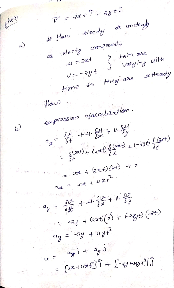 = dat? - Byt ſ [78 +42+] À + [-29 +my+ ♡ given aus unsteady steady is flow a) as velocile comprents all = Qat both are Varayt