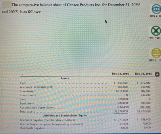 The comparative balance sheet of Canace Products Inc. for December 31, 20Y6 and 20Y5, is as follows: SHOW ME HO EXCEL TEMPLE