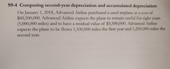 S9-4 Computing second-year depreciation and accumulated depreciation On January 1, 2018, Advanced Airline purchased a used ai