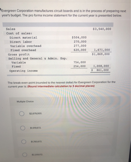 Evergreen Corporation manufactures circuit boards and is in the process of preparing next years budget. The pro forma income