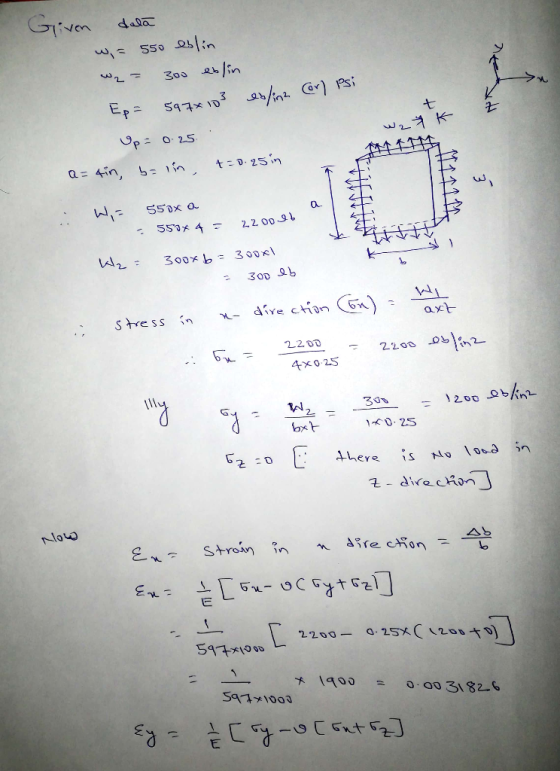Given dal w,= 550 eblin W2= 300 eblin Ep= 597x103 es linz (or) Psi Up=0.25 a=4in, b= lin, t=0.25 in WzK a Wir 550xa 550x 4 =