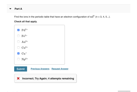 Part A Find the ions in the periodic table that have an electron configuration of nd® (n = 3, 4, 5...). Check all that apply.