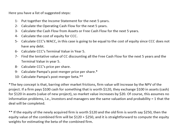 Here you have a list of suggested steps: Put together the Income Statement for the next 5 years. 1- Calculate the Operating C