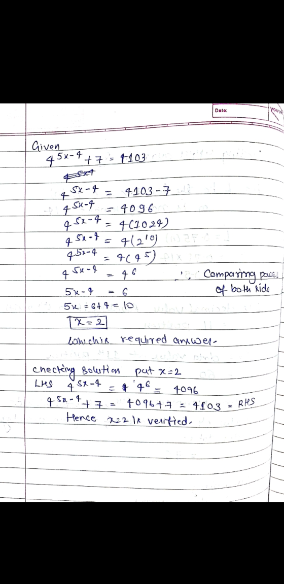 you Date: Given 50-4 45x +7= 4103 SX-4 & SK-9 15x-4 4 $x - $ 4103 - 11 = 4096 411028) 91210) 995) Pix 46 Comparing power of b