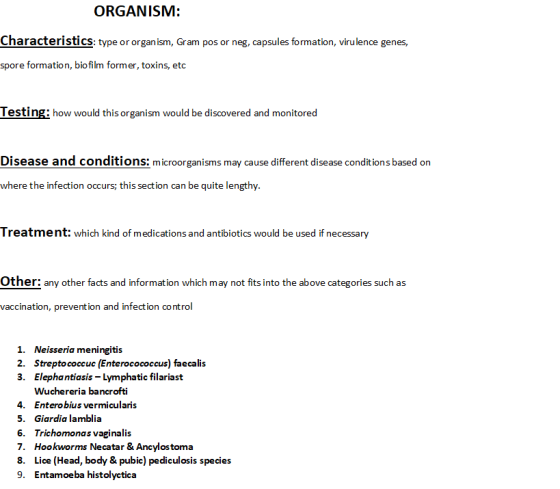 ORGANISM: Characteristics: type or organism, Gr am pos or neg, capsules formation, virulence genes, spore formation, biofilm former, toxins, etc Testing: how would this organism would be discovered and monitored Disease and conditions: microorganisms may cause different disease conditions based on where the infection occurs; this section can be quite lengthy Treatment: which kind of medications and antibiotics would be used if necessary Other: any other facts and information which may not fits into the above categories such as vaccination, prevention and infection control 1. Neisseria meningitis 2. Streptococcuc (Enterocococcus) faecalis 3. Elephantiasis - Lymphatic filariast 4. 5. 6. 7. 8. 9. Wuchereria bancrofti Enterobius vermicularis Giardia lamblia Trichomonas vaginalis Hookworms Necatar & Ancylostoma Lice (Head, body & pubic) pediculosis species Entamoeba histolyctica
